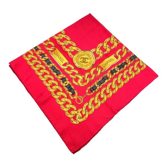 CHANEL Coco Mark Logo Red Chain Pattern Silk Scarf/Stole W/Box - Picture 9 of 16